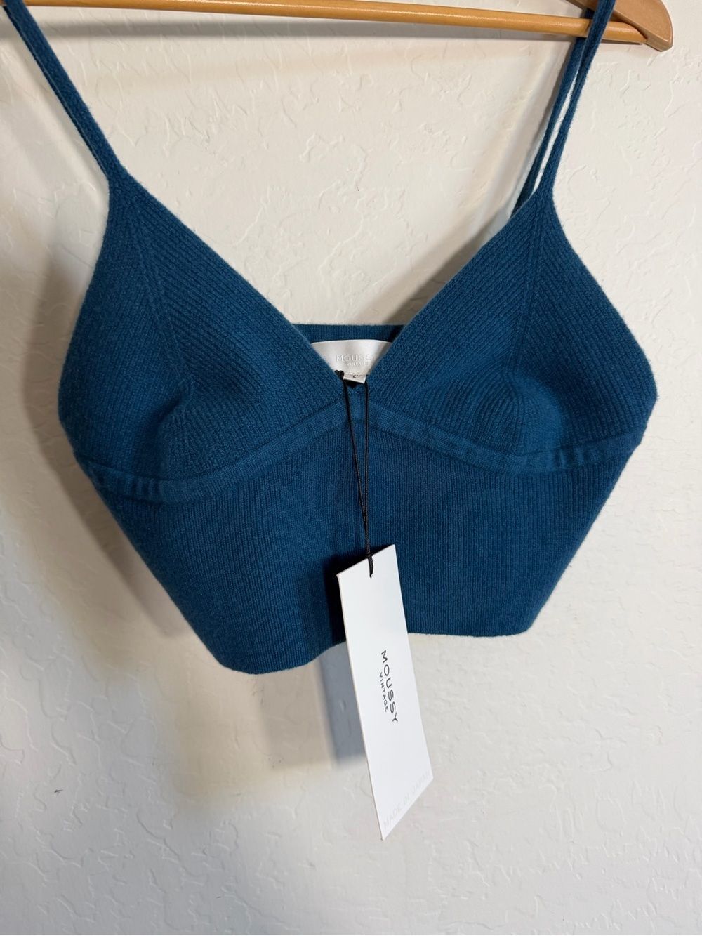 NWT MOUSSY VINTAGE Wool Blend Ribbed Bralette Crop Top Teal Blue L - Picture 2 of 3
